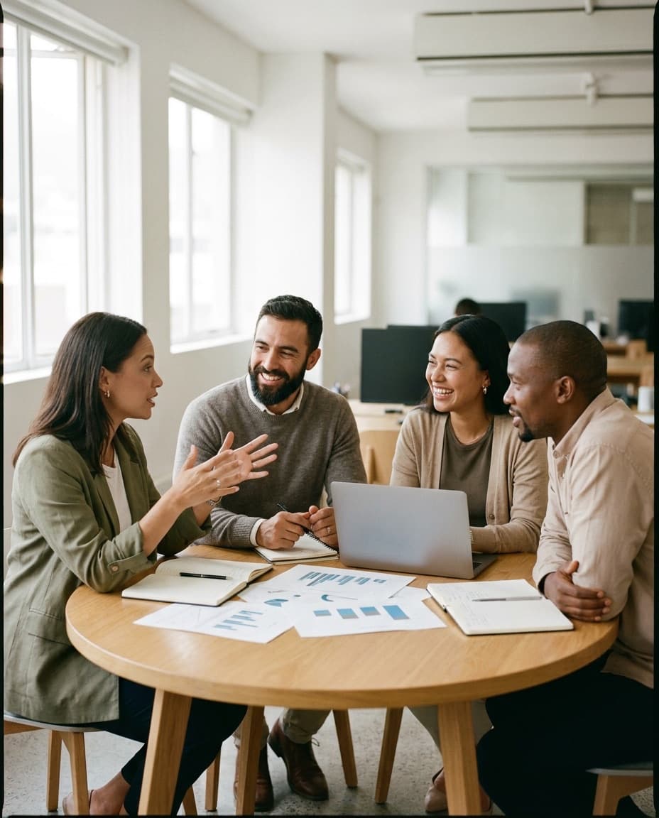 A team collaborating around printed charts in a bright, open office