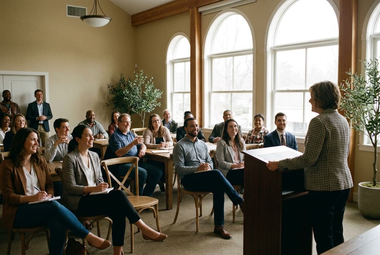 A diverse group engaged in a bright civic town-hall meeting