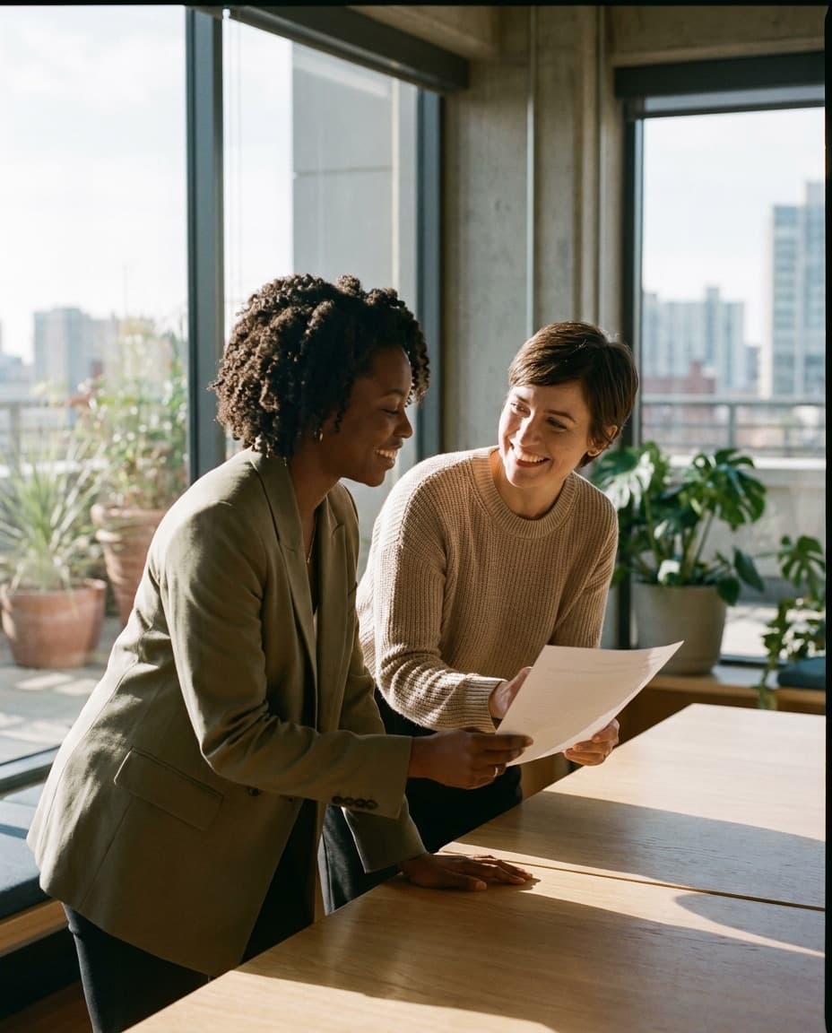 Two advisors reviewing a plan together in warm natural light